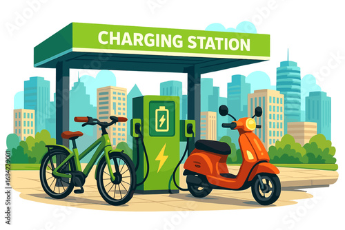 Electric bike and scooter at a charging station. Sustainable urban mobility. Eco friendly transport concept with city skyline. Vector cartoon of EV green energy battery power.