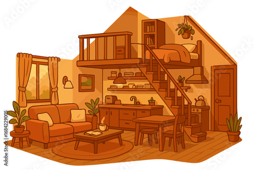 Cozy loft apartment interior with furniture. Cartoon vector illustration of a home living room, kitchen and bedroom. Modern tiny house design with warm colors. Hygge concept.