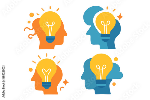Creative light bulb in head silhouette icon set. Concept of innovation, inspiration, new ideas, and brainstorming. Solution and creativity symbol. Vector flat illustration.