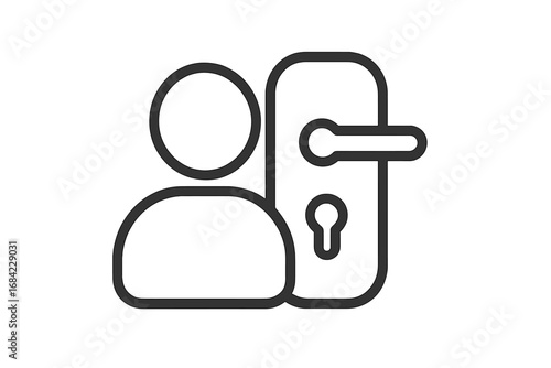 User login access icon. Person silhouette next to a door handle and keyhole. Concept for security, privacy, authentication, personal account, identification, and entry.