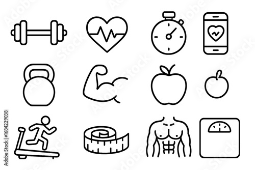 Fitness and health line icon set. Exercise, wellness, gym pictograms. Vector symbols for sport, workout, cardio, diet, bodybuilding. Healthy lifestyle and weight loss concept.