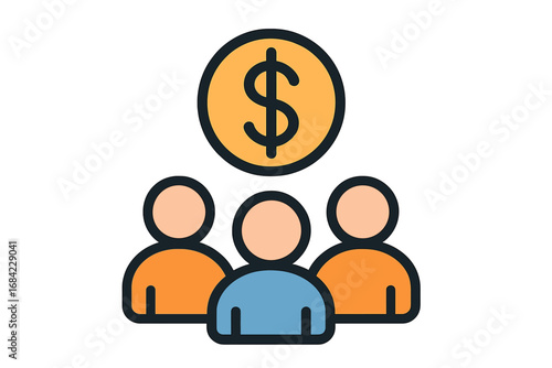 Business team financial success concept. Group of people with dollar coin. Employee salary, staff payroll, company profit, investment and funding vector line icon.