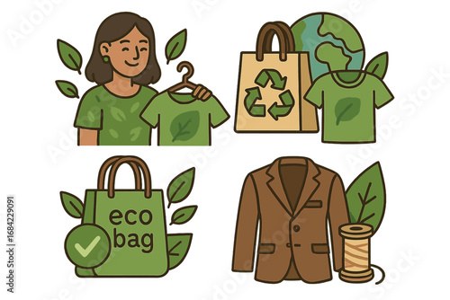 Sustainable fashion icons illustrating eco-friendly clothing, eco bags, recycled materials, and conscious consumerism. Vector cartoon set promoting green lifestyle and ethical shopping habits