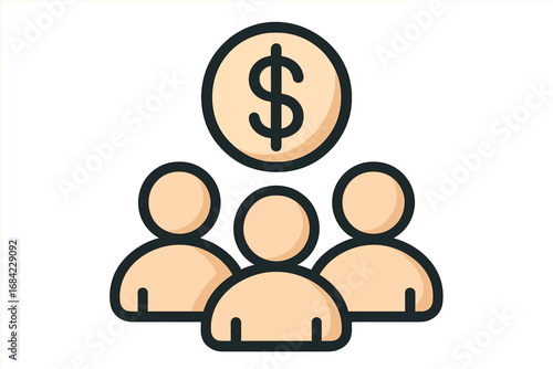 Business team financing concept. Vector icon of group and dollar coin. Crowdfunding, investment, salary, and payroll metaphor. Company budget, revenue, and profit symbol.