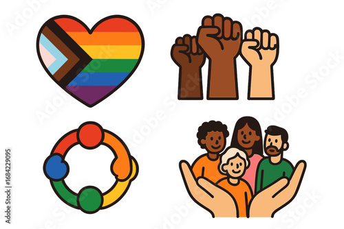 Set of diversity and inclusion icons. Community support symbols. Pride heart, raised fists, BLM, unity. Vector illustration for social movements, equality and human rights.