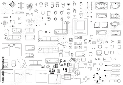 Interior Design Drawing Tools Vector Set – Bathroom, Living Room, Bedroom and More