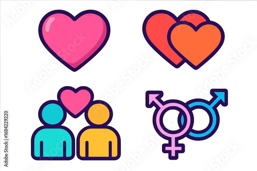 Colorful modern vector icons of love, partnership, gender identity, and relationships with vibrant hearts and gender symbols in cartoon style, transparent background