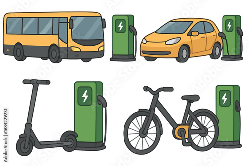 Set of electric transport vector icons. E-mobility concept with car, bus, scooter, and bicycle. Green energy and urban transportation with EV charging station illustrations.