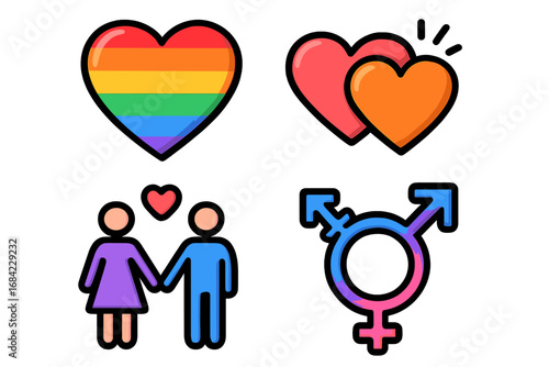 Colorful modern vector cartoon symbols representing love, partnership, gender identity, LGBT pride, relationships, diversity, equality, and inclusivity icons with transparent background