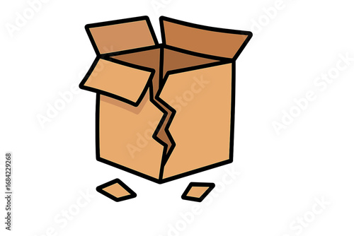 Thin icon of broken cardboard box, damaged container concept, cracked package illustration, vector cartoon style with transparent background, shipping damage, delivery issues, unpacking problem