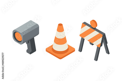 Traffic enforcement isometric icon set. Police speed radar gun, traffic cone, and roadblock barrier. Road safety, law violation detection, speed limit control. Flat vector icons.