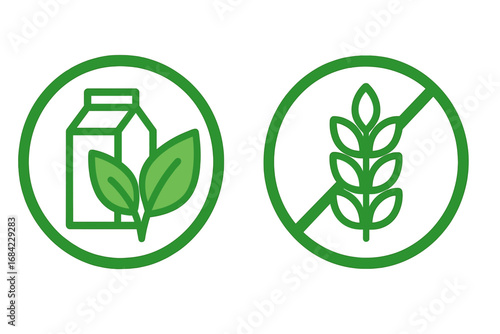 Plant-Based Dairy Alternative and Gluten-Free Food Packaging Symbols, Green Eco-Friendly Icons, Vegan Milk and Allergen-Free Grain-Free Nutrition Labels, Transparent Background Vector