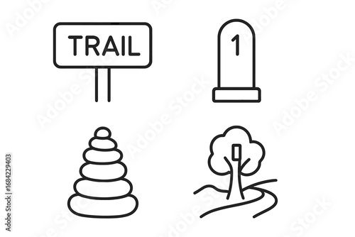 Trail signage and markers outline icon set. Vector symbols for hiking path and outdoor wayfinding. Includes trailhead sign, milepost, stone cairn, and blazed tree for navigation.