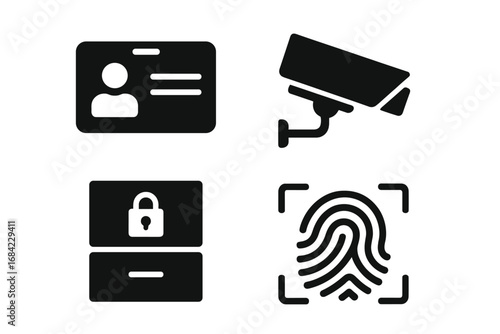 Office security solid icon set. Access control, surveillance camera, data protection, and biometric authentication concepts. ID card, CCTV, locked cabinet and fingerprint symbols.