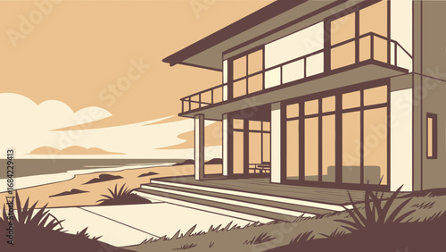 Modern Beach House Illustration Ocean View Home Coastal Architecture Design Sunset Landscape Minimalist Style Real Estate Graphic Home Exterior Seaside Property Summer Vacation Idyllic Scene Tranquil.