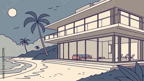 Modern Beach House at Night Tropical Illustration Minimalist Design Ocean View.