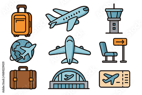 Travel icons representing various aspects of flying including luggage, airplanes, airport elements, terminals, boarding, and global air travel. Vector cartoon illustration with transparent background.