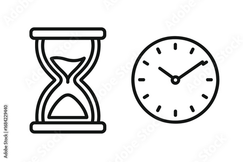 Hourglass and clock line icon set. Time management, deadline, and countdown concept. Sandglass and watch symbols for past, present, and future. Vector illustration.