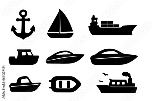 Marine transport silhouette icon set. Nautical boating symbols collection. Vector ship, boat, yacht, sailboat, cargo ship, anchor, ferry, and dinghy icons for design.