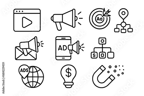 Digital marketing and promotion outline icon set. Online advertising campaign symbols. SEO, lead generation, email marketing, mobile ads, audience targeting, and web strategy icons.