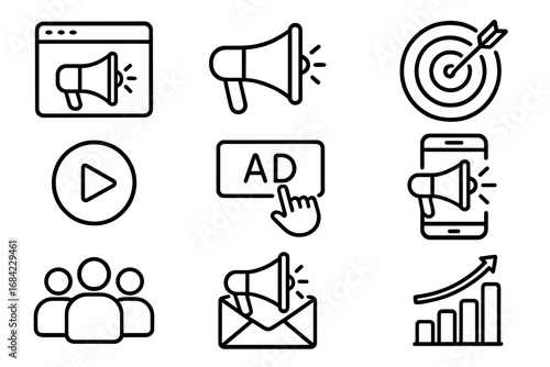 Marketing and promotion outline icon set. Digital advertising campaign symbols collection. Includes target, growth, audience, email, mobile ads. Vector line art pictogram.