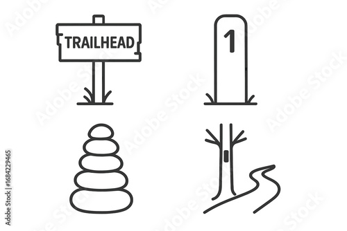 Trail signage and hiking markers icon set. Outline symbols for navigation and wayfinding. Includes trailhead sign, milepost, cairn, and blazed tree with path. Vector illustration.