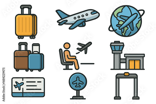 Travel and Aviation Icons Set Featuring Luggage, Airplanes, Airport Terminals, Flight Tickets, Boarding Gates, and Passenger Seating - Vector Cartoon Illustration with Transparent Background