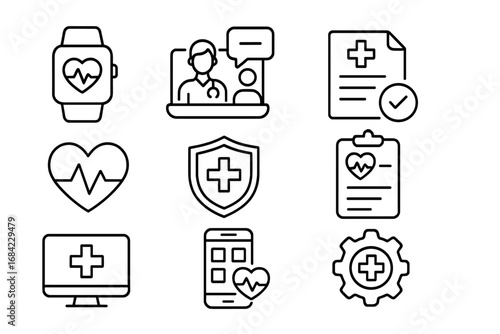 Digital health and telemedicine line icon set. Vector symbols for virtual doctor consultation, wearable fitness tracker, medical data, e-health app and healthcare technology.