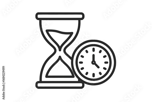 Hourglass and clock line icon. Time management and deadline concept. Sandglass timer and watch symbol for countdown or waiting. Vector pictogram illustration for web design.