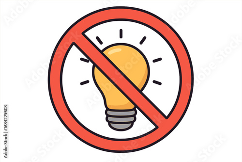 No idea, forbidden light bulb icon. Prohibited creativity, innovation, thinking. Banned electricity, power outage symbol. Intellectual block, censorship metaphor. Vector illustration.