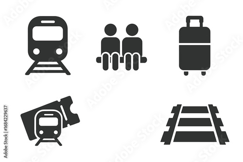 Train travel solid icon set. Vector glyph symbols for railway journey, public transport, passengers, vacation, luggage, ticket, and tracks. Isolated illustration for web, ui.