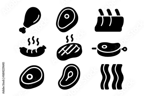 Meat and steak solid icon set. Barbecue and grill pictograms. Beef, pork, chicken, sausage, bacon, and ribs food symbols for restaurant menu. Vector glyph silhouette illustration.