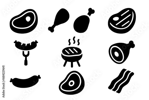 Meat and steak solid icon set for bbq and grill. Barbecue food pictograms including beef, pork, chicken leg, sausage, bacon, and ham. Vector butchery cookout glyphs.