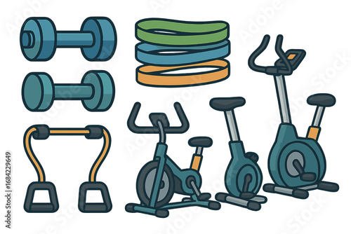 Fitness equipment set vector illustration. Gym workout icons collection with dumbbells, resistance bands, chest expander and stationary exercise bikes. Cartoon style sport items.