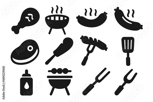 Meat cooking solid icon set. BBQ, grilling, and kitchen tools glyph style icons. Vector collection with steak, sausage, chicken leg, grill, fork, and spatula symbols.
