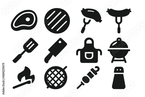 BBQ grill solid icon set. Barbecue cooking concept. Meat, steak, sausage, hamburger patty, kebab glyph icons. Kitchen tools like spatula, cleaver, apron. Vector illustration.