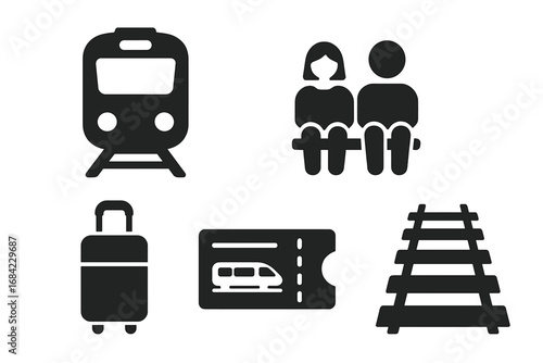 Train journey vector icon set. Simple glyph collection for railway travel. Includes train, passengers, luggage, ticket, and tracks symbols. Public transport and vacation concept.