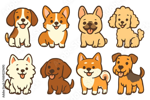 Set of cute cartoon dogs. A collection of various puppy breeds with happy expressions. Kawaii style vector characters. Beagle, Corgi, French Bulldog, Poodle, Shiba Inu.