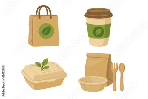 Sustainable food packaging illustration set. Eco-friendly, biodegradable, and recyclable containers for takeaway. Paper bag, coffee cup, box, bowl, and utensils. Zero waste vector.