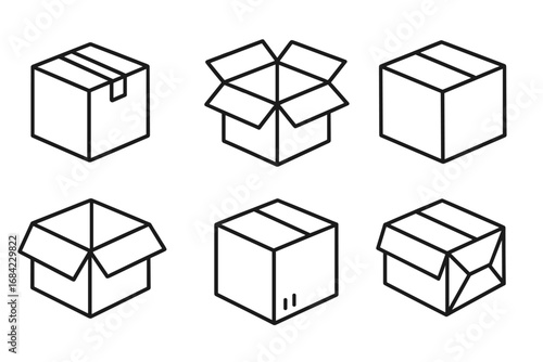 Cardboard box icon set. Shipping package and parcel line art collection. Open and closed delivery boxes. Simple linear vector illustration with editable stroke for web or apps.