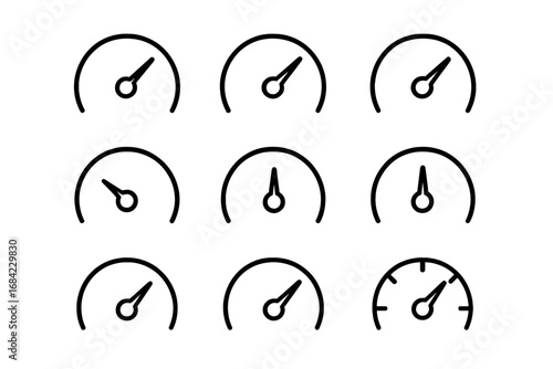 Speedometer icon line art set, gauge symbols for graphic and web design, app interfaces, advertising, automotive dashboards, vector cartoon illustrations with transparent background pack