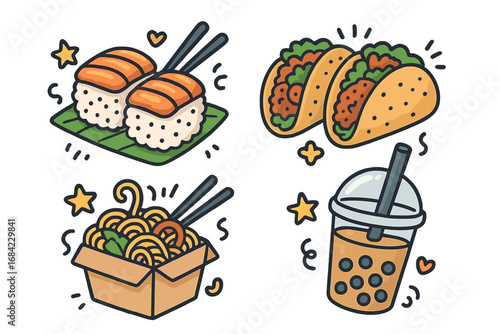 Colorful street food variety including sushi, tacos, noodles, and bubble tea in fun doodle style, vector cartoon illustration with transparent background for food and beverage design