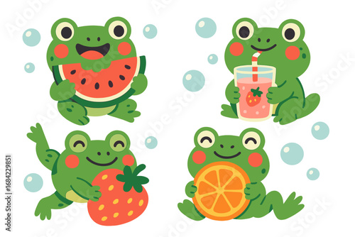 Cute frog character set enjoying summer fruits. Kawaii cartoon vector illustration collection of happy frogs with watermelon, strawberry, orange, and juice. Playful animal mascots.