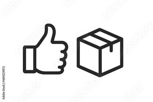 Vector icon set for good delivery service. Thumbs up and package symbol. Quality shipping and logistics concept. Customer satisfaction and positive review for e-commerce.