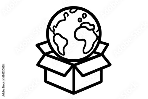Earth in a box vector icon. Global shipping, international delivery, and worldwide logistics concept. Planet Earth unboxed. World trade, import, export, and distribution symbol.