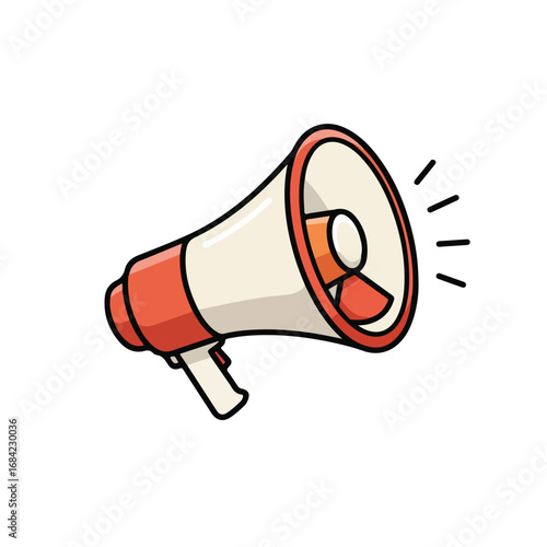 A cartoon illustration of a red and white megaphone with sound waves