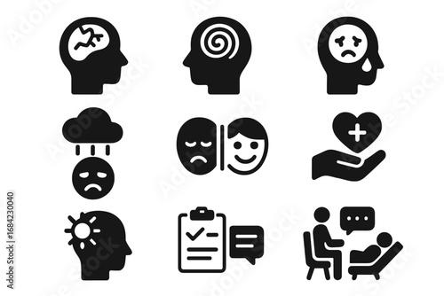 Mental health solid icon set. Psychology, emotions, and therapy symbols. Vector icons for depression, anxiety, bipolar disorder, stress, support, and counseling treatment.