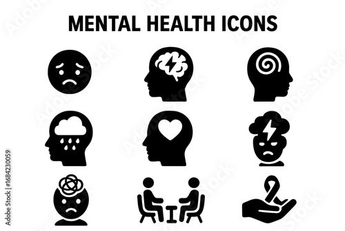 Mental health solid icon set. Psychology, therapy, emotion symbols. Sadness, depression, anxiety, stress, anger, support group, awareness ribbon vector glyph illustrations.