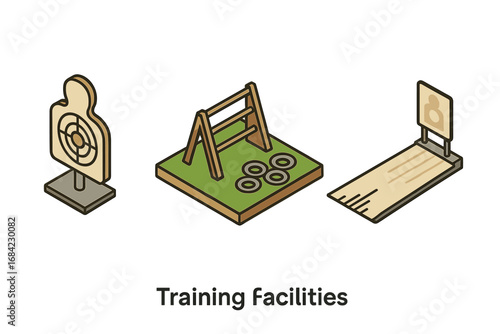 Isometric training facility icon set. Vector illustration of a shooting range target, obstacle course, and firing lane for military or police practice and tactical exercise.
