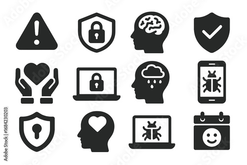 Cyber safety and mental health solid icon set. Digital wellness, psychology, and online protection symbols. Vector icons for awareness, depression, security, virus, and privacy.